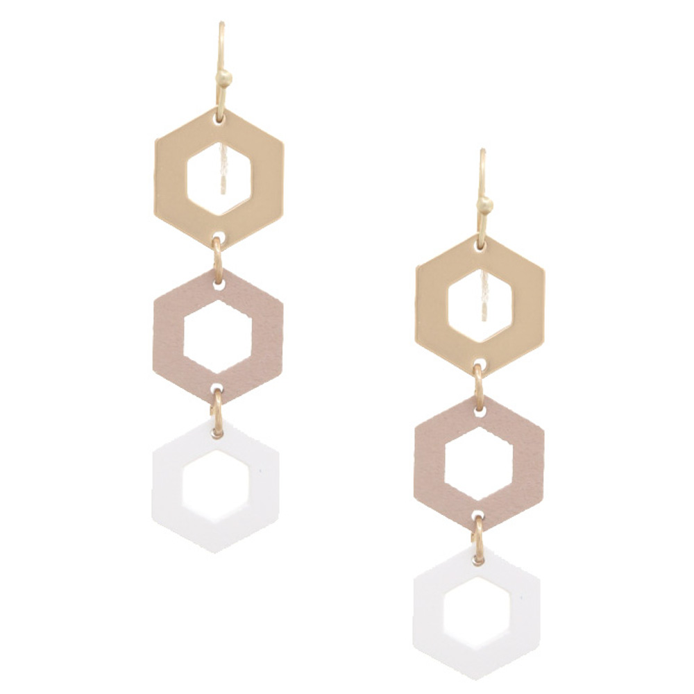 COLOR WOOD TRIPLE HEXAGON SHAPE DANGLE EARRING