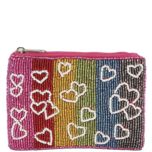 MULTI COLORED HEARTS SEED BEAD ZIPPER BAG