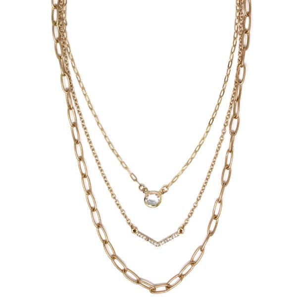 CHAIN PAVE CHEVRON CRYSTAL LAYERED NECKLACE