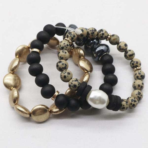 WOOD STONE MIX BEAD STRETCH BRACELET SET