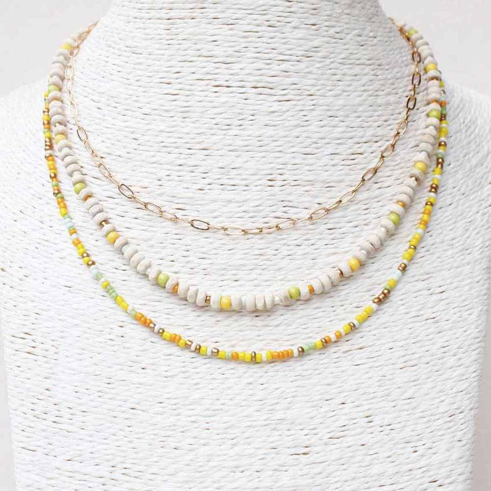SEED BEAD METAL CHAIN MULTI LAYERED NECKLACE