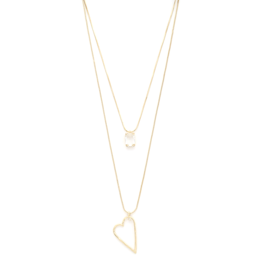 2 LAYERED METAL CHAIN HEART PENDANT LONG NECKLACE