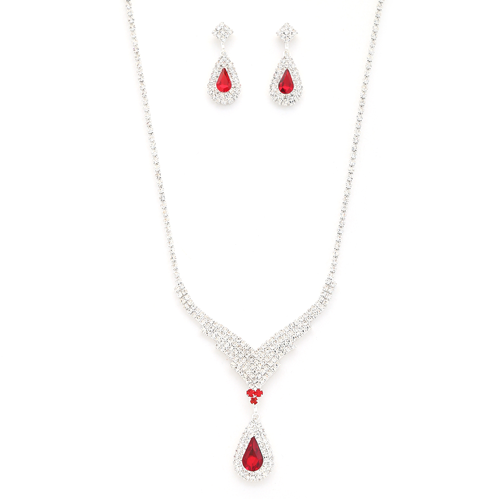 RHINESTONE CRYSTAL GEM TEAR SHAPE NECKLACE AND EARRING SET