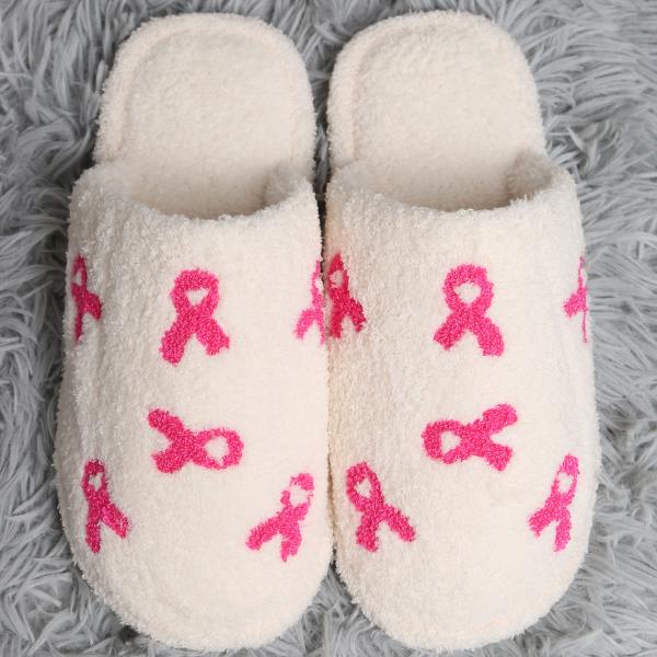 PINK RIBBON PRINT SOFT HOME INDOOR FLOOR SLIPPERS