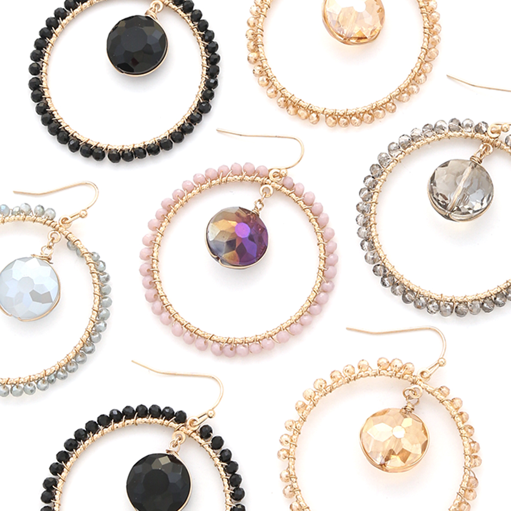 CRYSTAL DANGLE ROUND BEAD METAL HOOK EARRING