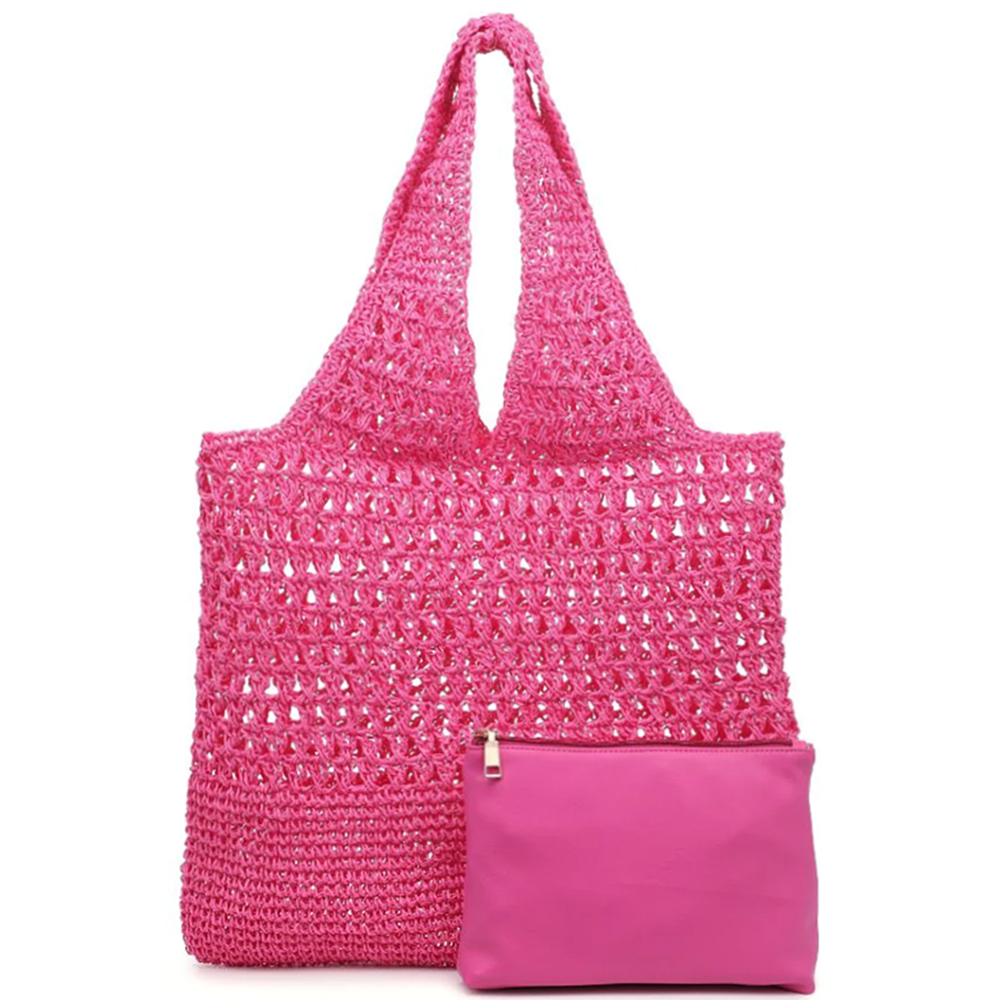 2IN1 WOVEN STRAW ALL OVER TOPANGA TOTE BAG AND POUCH SET