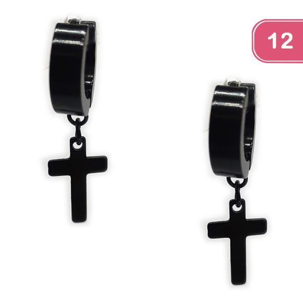 BLACK STAINLESS STEEL MINI HOOP DANGLE CROSS EARRINGS (12 UNITS)