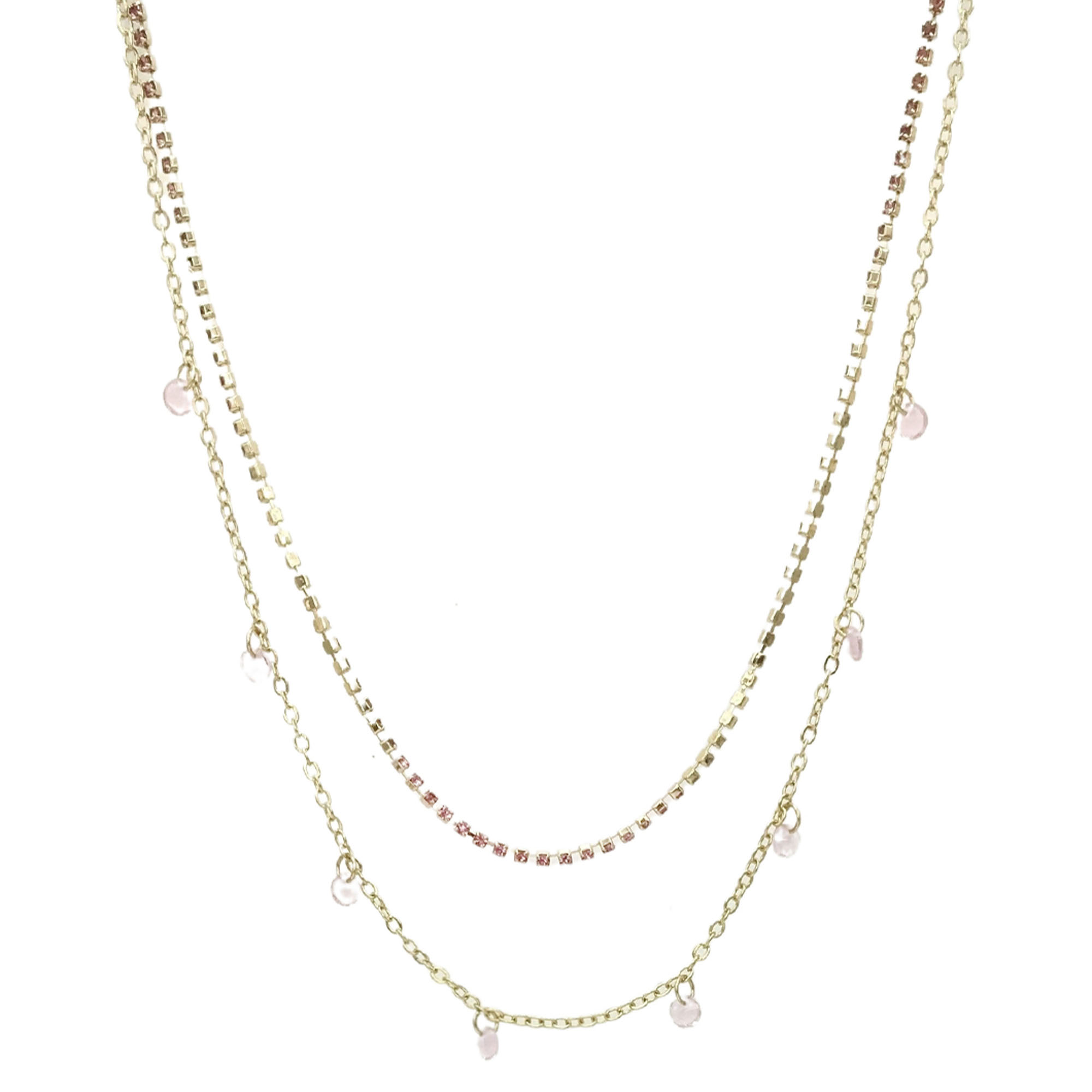 2 LAYERED RHINESTONE METAL CHAIN NECKLACE