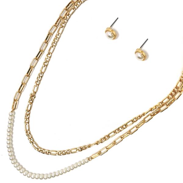 METAL LAYER W PEARL NECKLACE EARRING SET