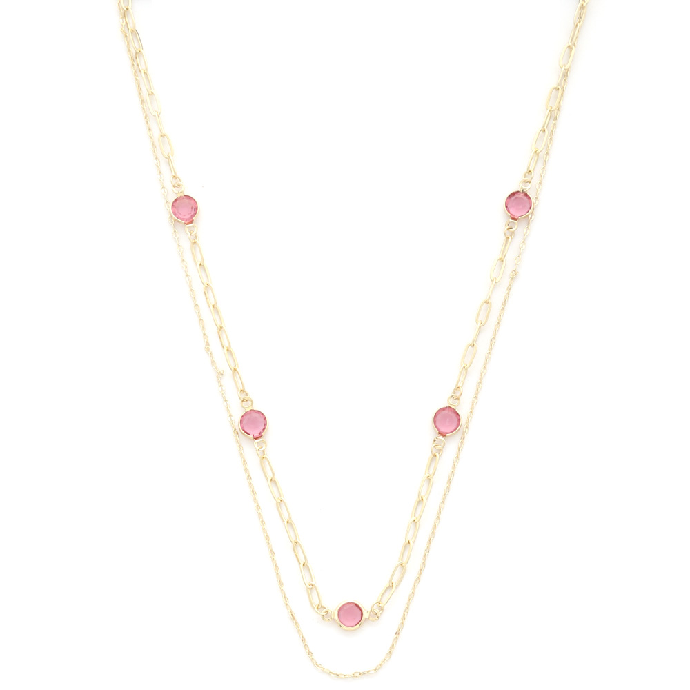 ROUND CRYSTAL STATION OVAL LINK LAYERED NECKLACE
