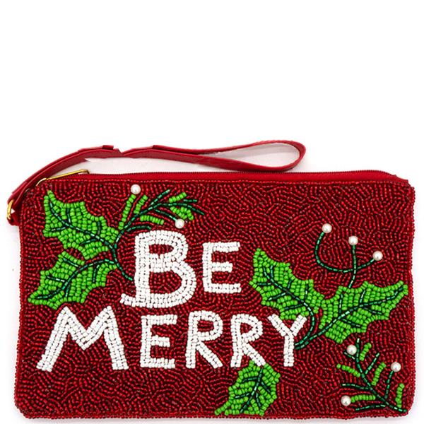 CHRISTMAS  "BE MERRY" SEED BEADED COIN BAG