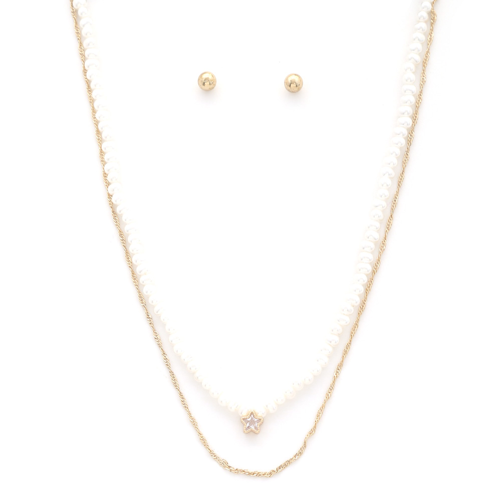 DAINTY STAR PEARL BEAD LAYERED NECKLACE