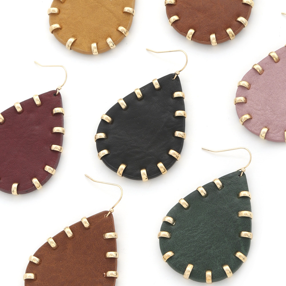 PU LEATHER TEARDROP METAL STUD DANGLE EARRING