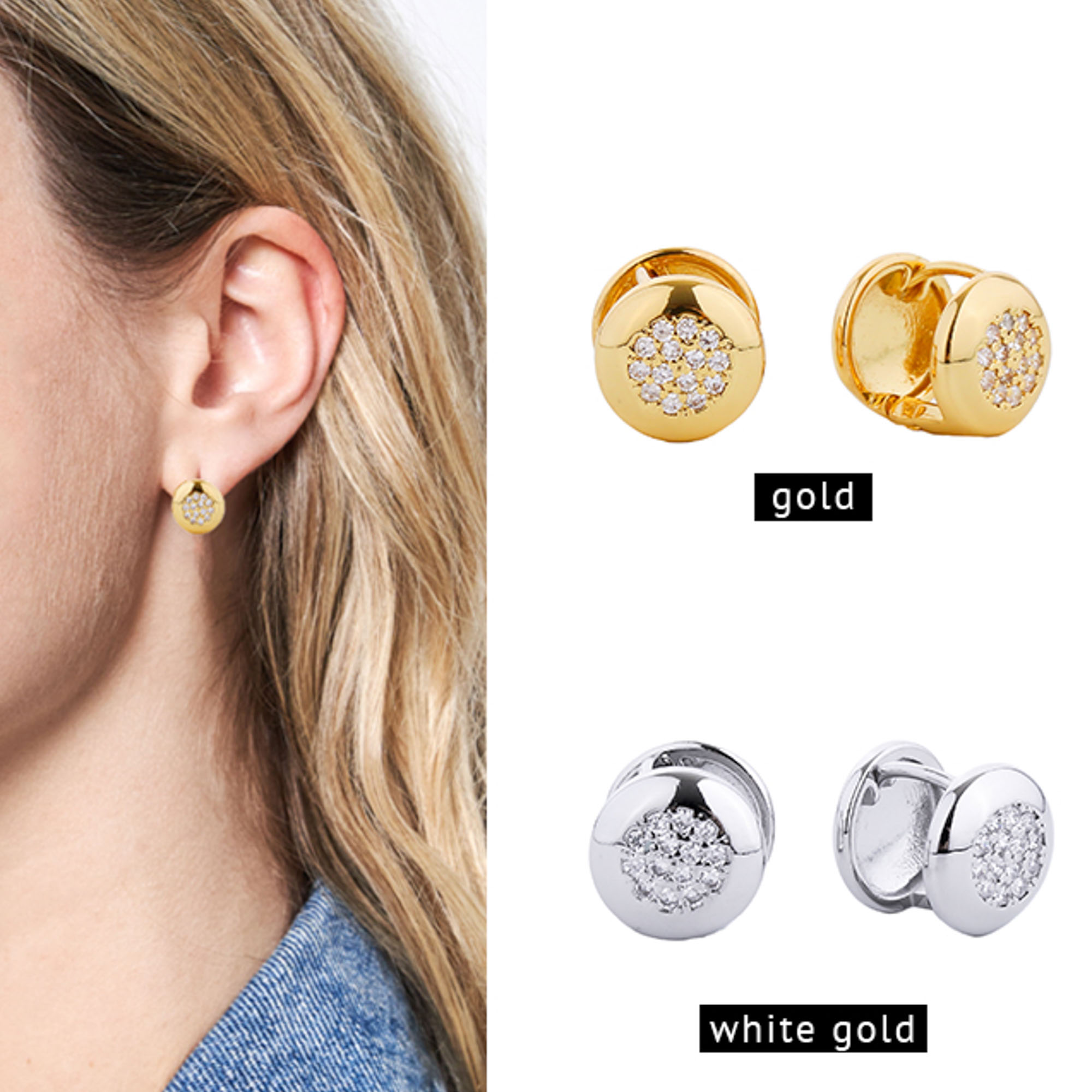 14K GOLD/WHITE GOLD DIPPED HUGGIE EARRING CZ PAVED EARRING