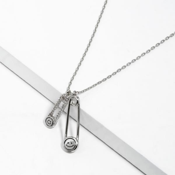 SMILEY FACE DOUBLE SAFETY PIN CHARM NECKLACE
