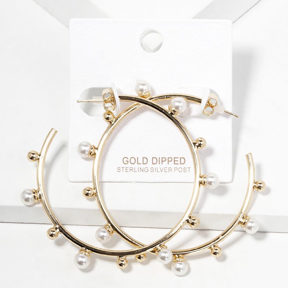 GOLD DIPPED PEARL BEAD EDGE OPEN HOOP EARRING