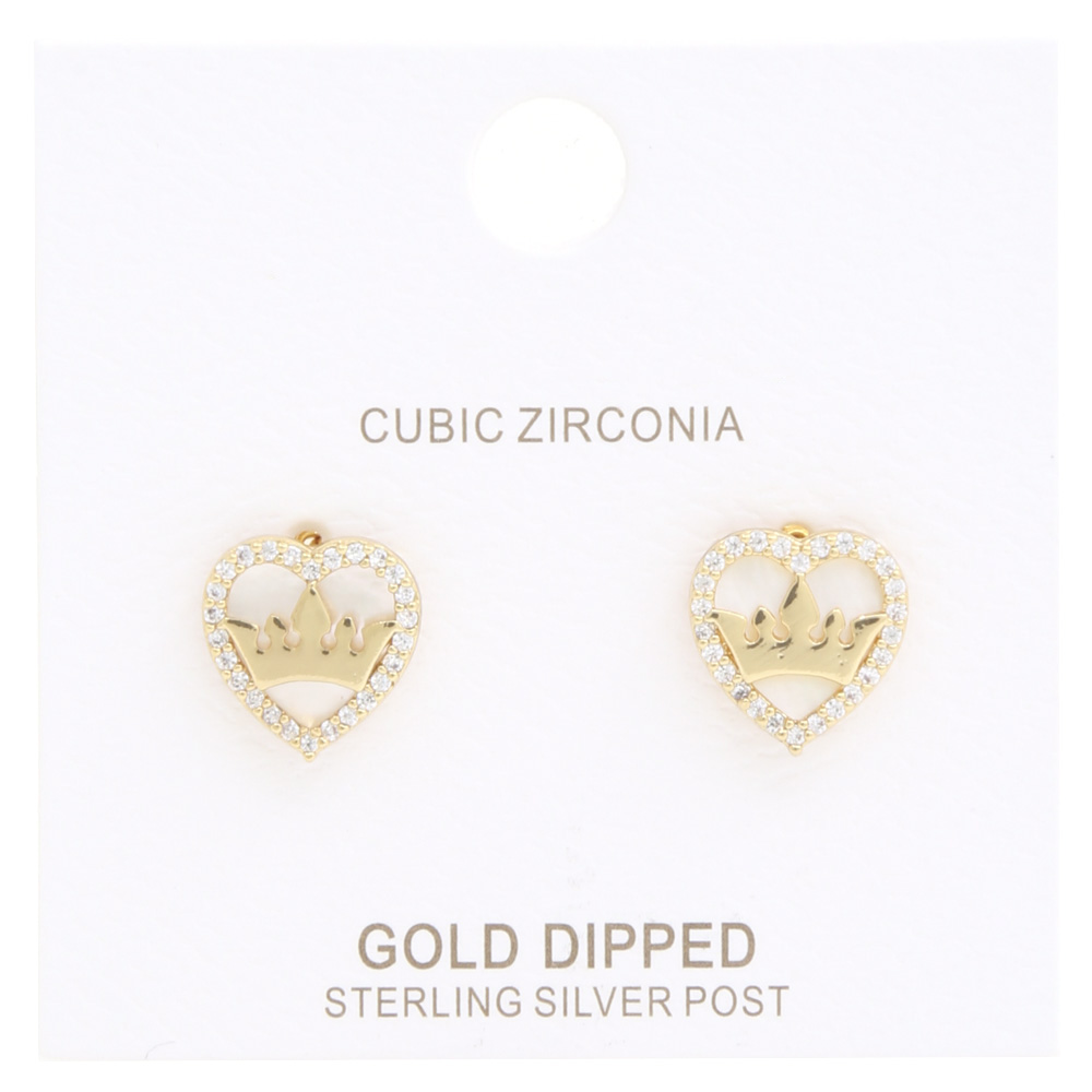 CZ GOLD DIPPED HEART CROWN EARRING