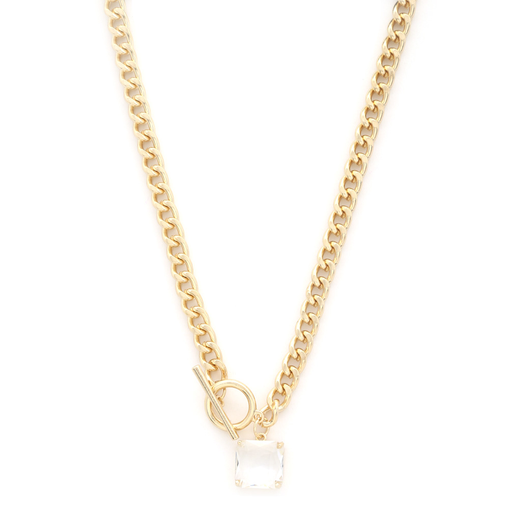 SQUARE CRYSTAL CURB LINK METAL NECKLACE