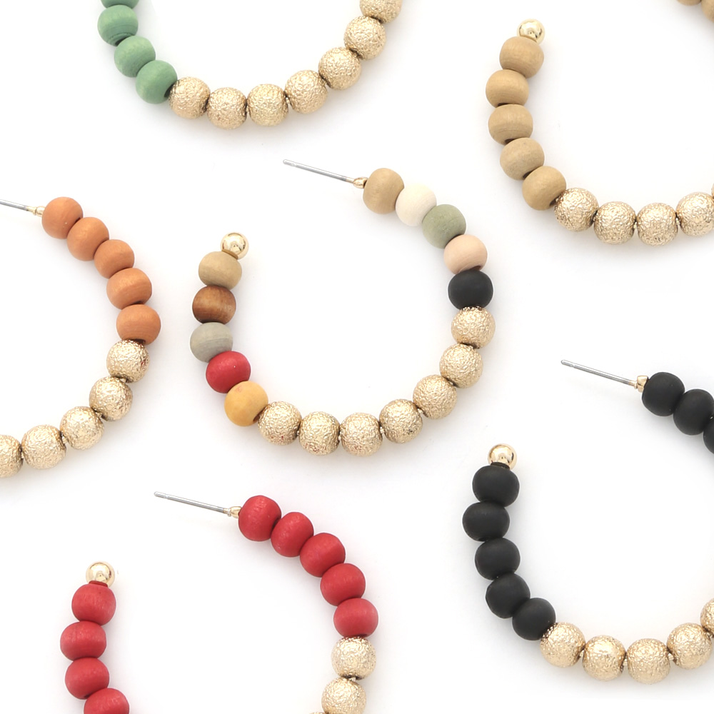 WOOD & SATIN BALL CCB HOOP EARRING