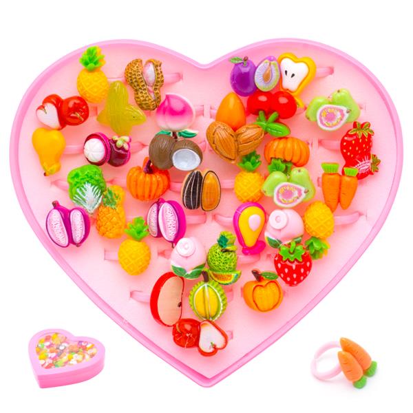 ASSORTED FRUIT VEGETABLE KIDS RING SET W HEART BOX