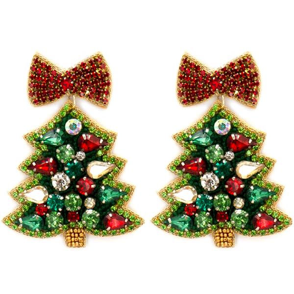 CHRISTMAS TREE WITH BOW RHINESTONE EARRING