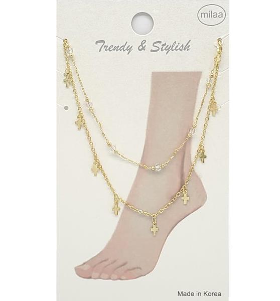 BRASS LAYERED CROSS CHARM AND CRYSTAL BEAD ANKLET
