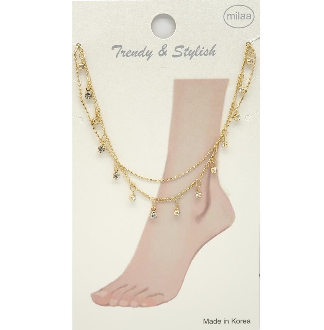 BRASS LAYERED BALL AND FINE CHAIN WITH RHINESTONE BEADS ANKLET