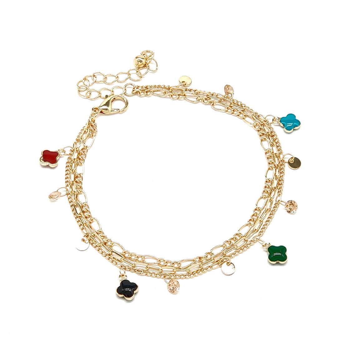 BRASS LAYERED CLOVER AND CRYSTAL CHARMS CHAIN ANKLET