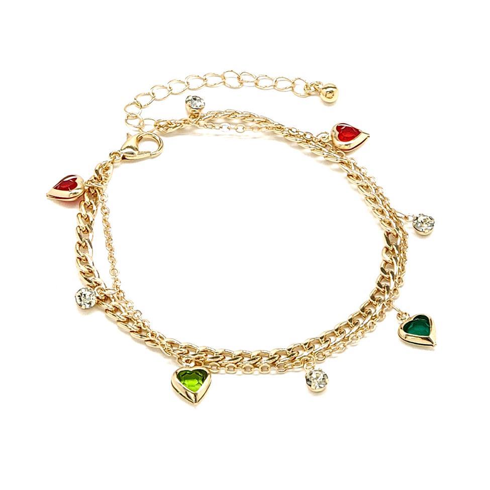 BRASS CRYSTAL HEART AND RHINESTONE BEAD CHAIN ANKLET