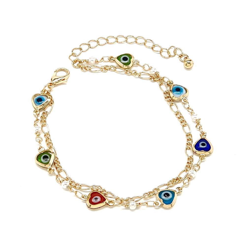 BRASS HEART SHAPED EVIL EYE CHARM AND PEARL CHAIN ANKLET