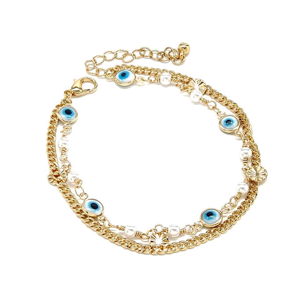 BRASS EVIL EYE CHARM PEARL BEAD CHAIN ANKLET