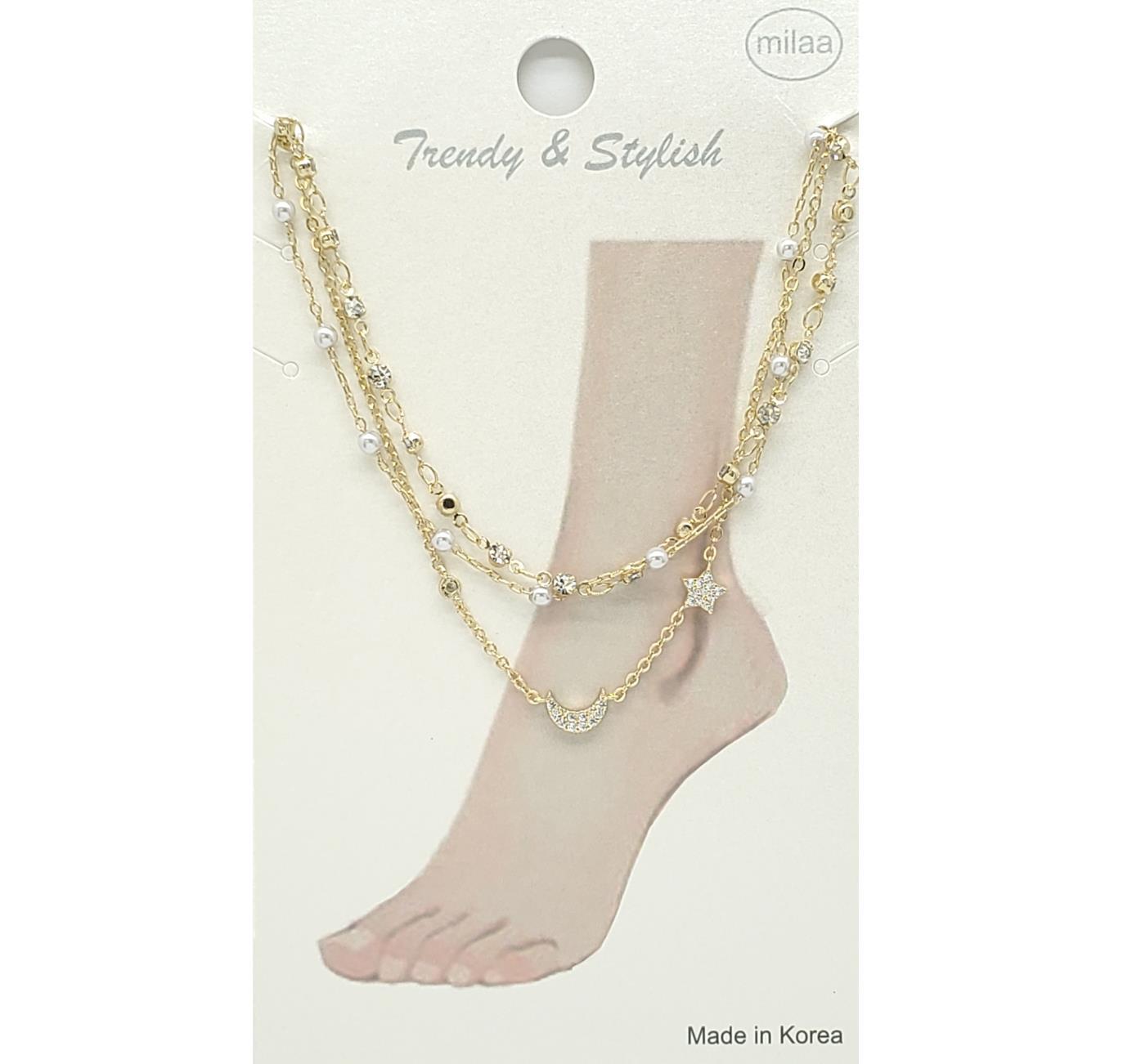 BRASS LAYERED STAR AND MOON CHARM WITH RHINESTONE AND PEARL BEAD ANKLET