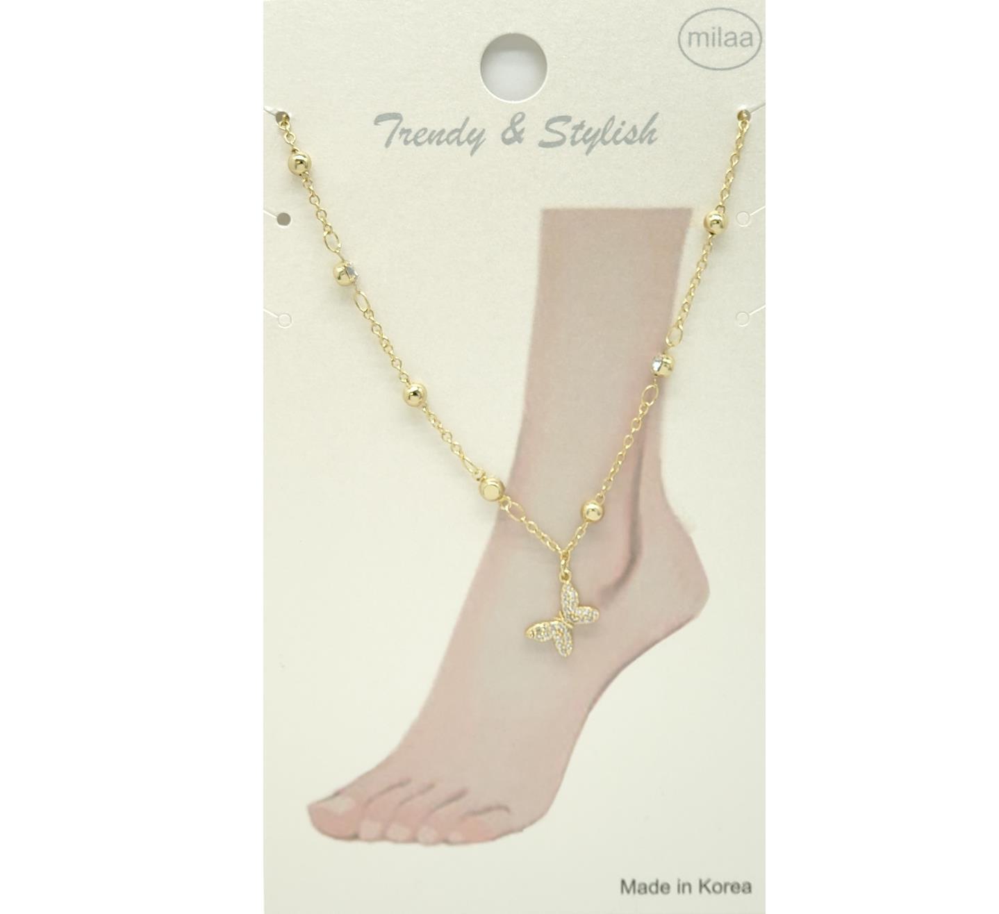 BRASS PAVE BUTTERFLY CHARM CRYSTAL AND BALL BEAD ANKLET