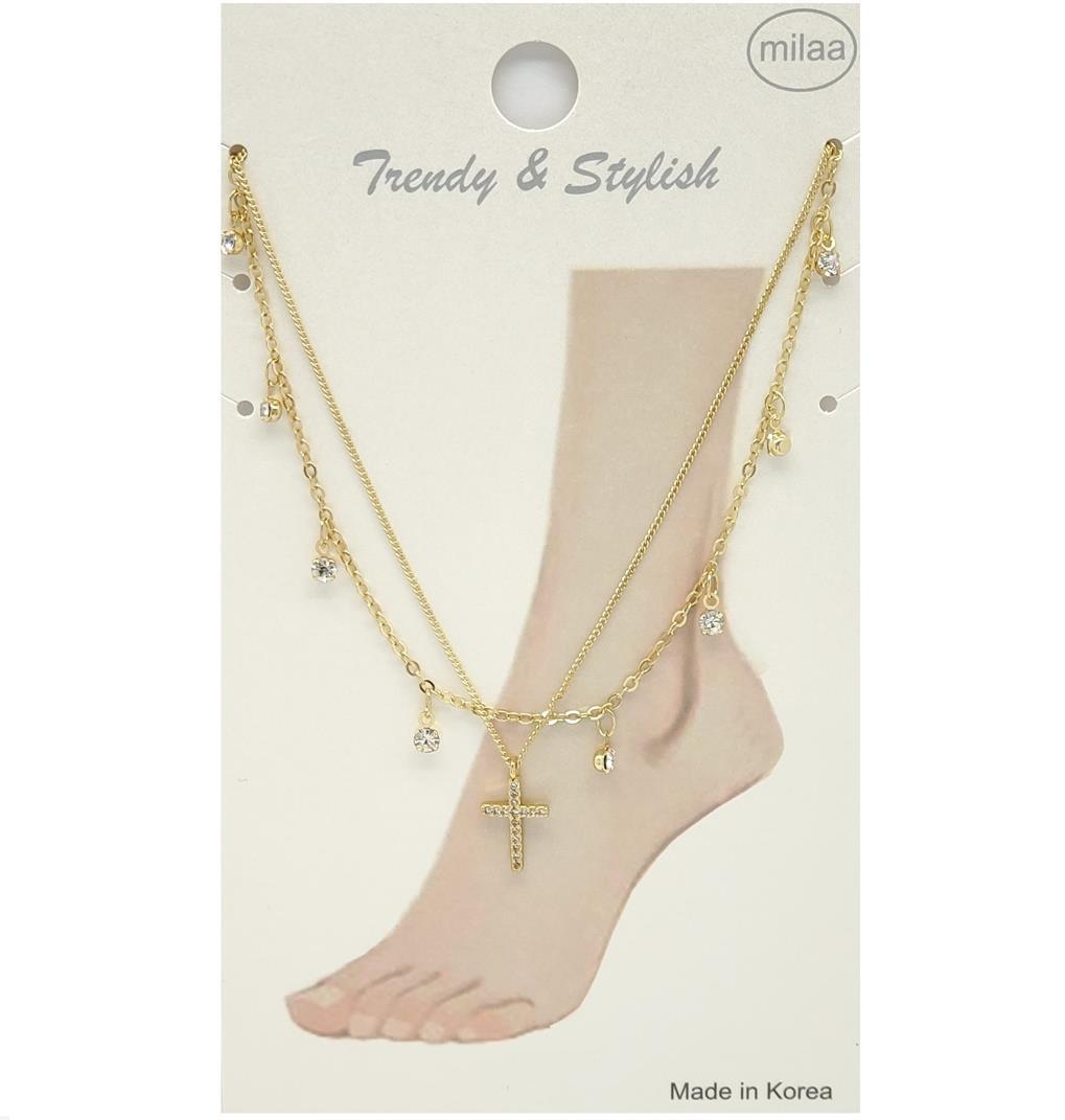BRASS PAVE CROSS CHARM AND RHINESTONE BEAD ANKLET