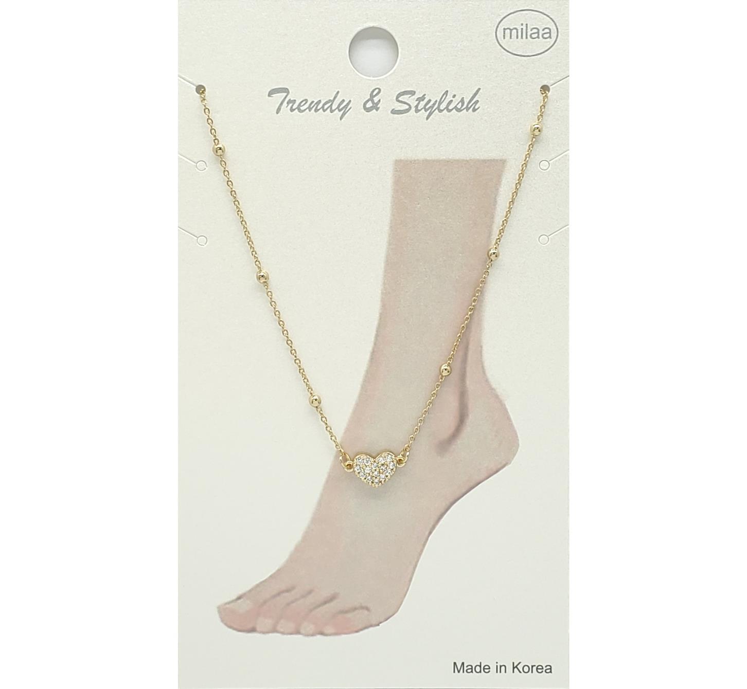 BRASS PAVE HEART CHARM METAL BEAD ANKLET