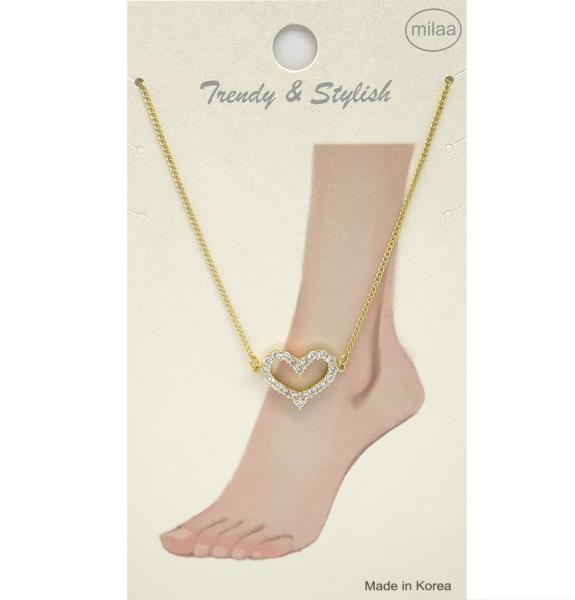 BRASS RHINESTONE COVERED HEART CHARM ANKLET
