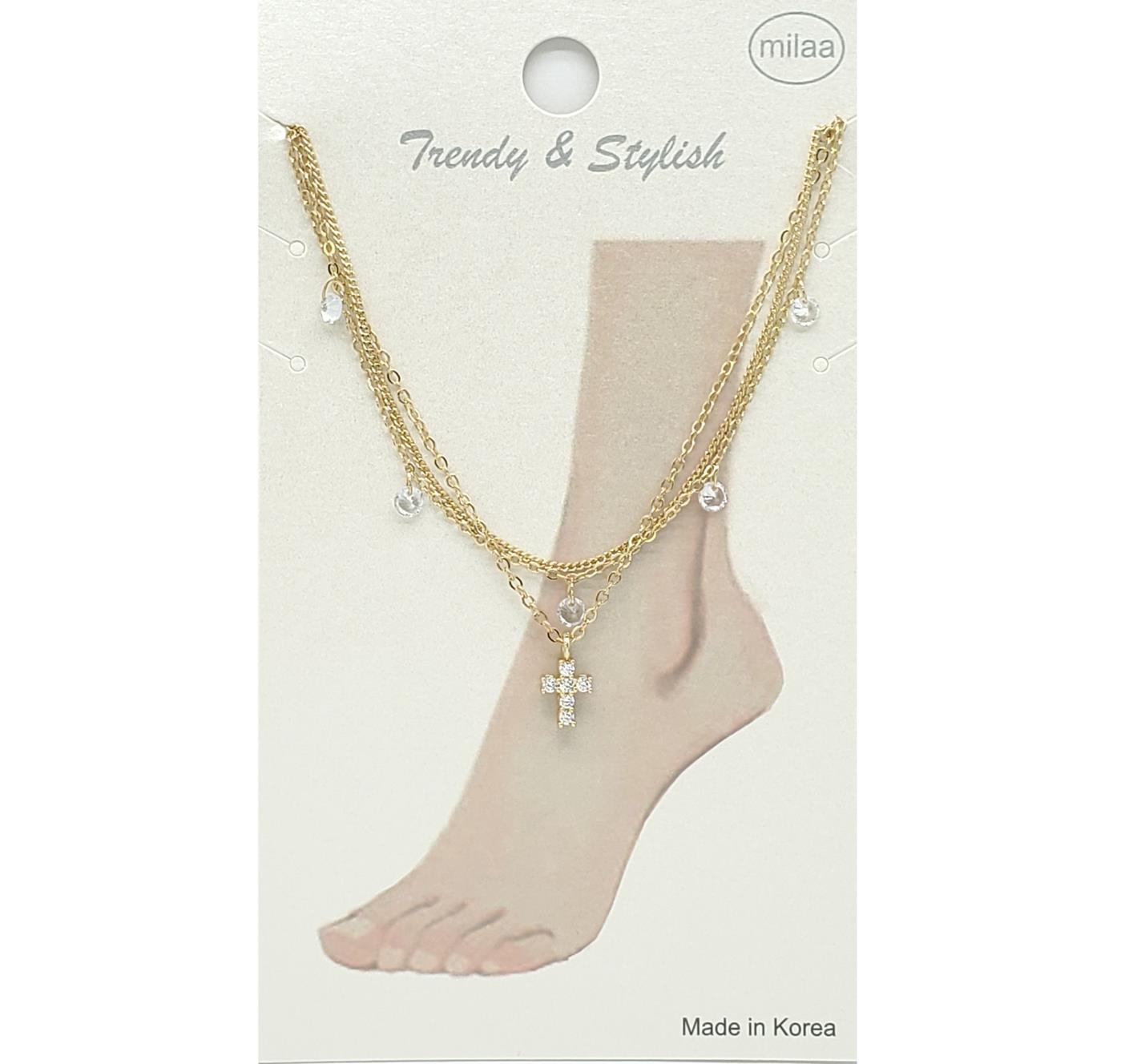 BRASS LAYERED CRYSTAL BEAD AND CROSS CHARM ANKLET