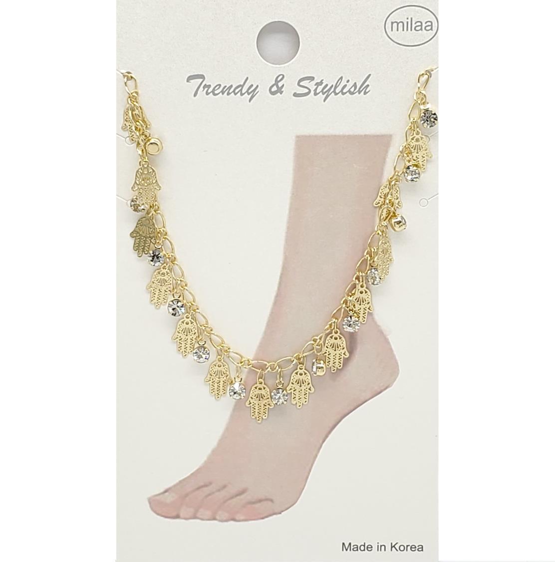 BRASS RHINESTONE AND HAND OF GOD CHARM ANKLET
