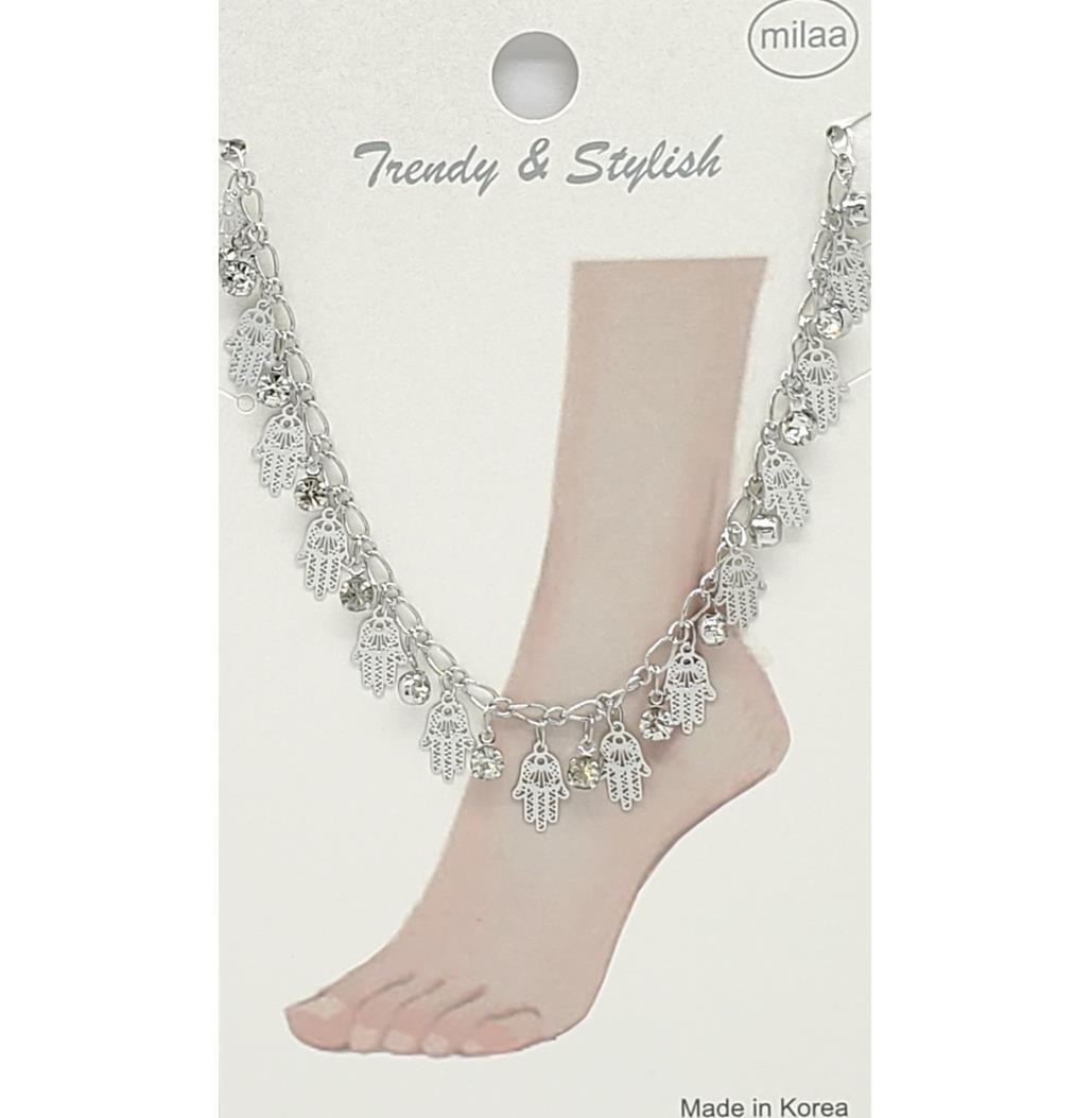 BRASS RHINESTONE AND HAND OF GOD CHARM ANKLET