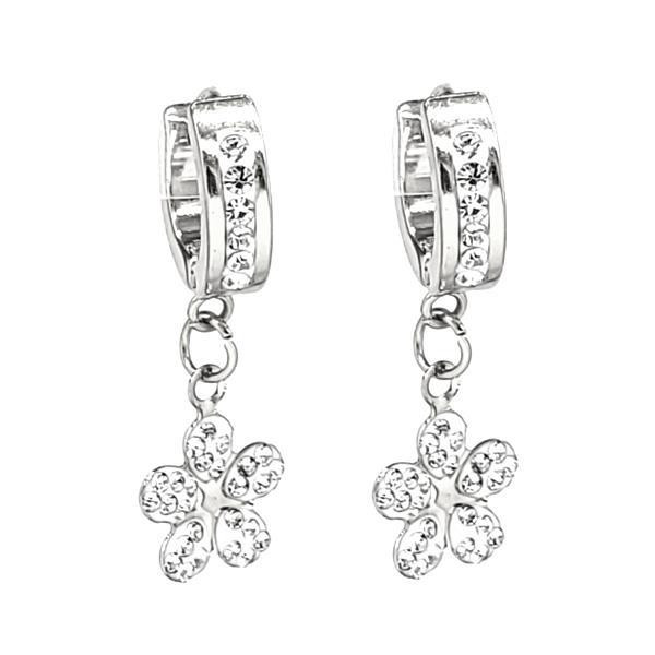 Stainless Steel Rhinestone Flower Charm Huggie Earrings