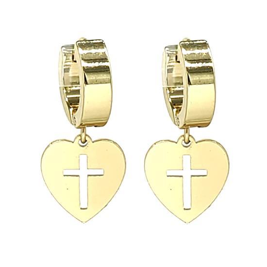 Stainless Steel Cross in Heart Charm Huggie Earrings