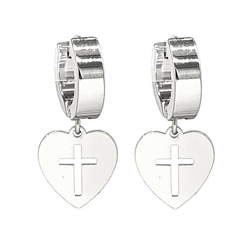 Stainless Steel Cross in Heart Charm Huggie Earrings