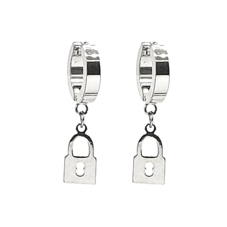 Stainless Steel Lock Charm Huggie Earrings