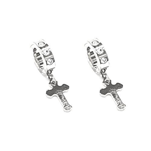 Stainless Steel Dangling Cross Huggie Clip-On Earrings with Rhinestones