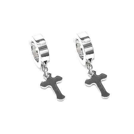 STAINLESS STEEL WIDE HUGGIE CLIP-ON EARRINGS WITH DANGLING CROSS