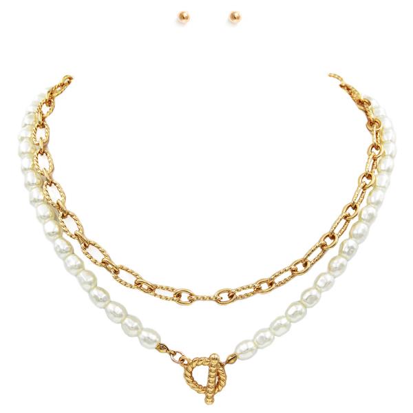 PEARL BEAD OVAL LINK TOGGLE CLASP LAYERED NECKLACE