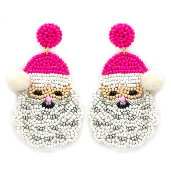 SEED BEAD CHRISTMAS POM POM HAT SANTA  EARRING