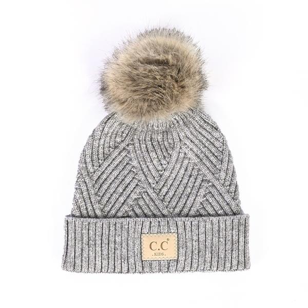 CC DIAGONAL STRIPES CRISS CROSS PATTERN BEANIE WITH POM FOR KIDS