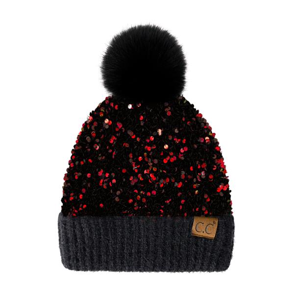 CC SEQUIN FUR POM BEANIE