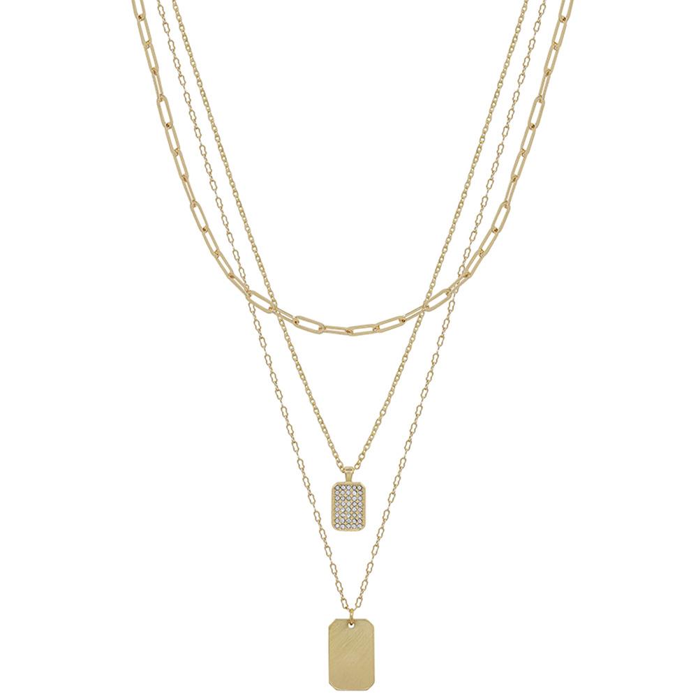 RECTANGLE PAVE METAL PENDANT 3 LAYERED NECKLACE